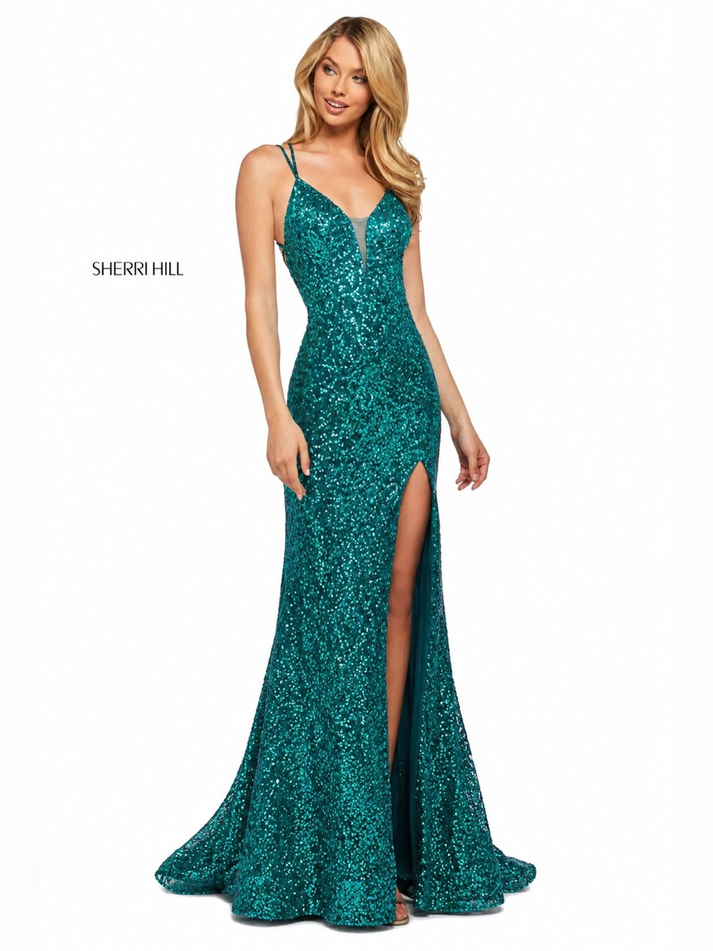 Sherri Hill Jade Sequin Mermaid Gown with Side Slit
